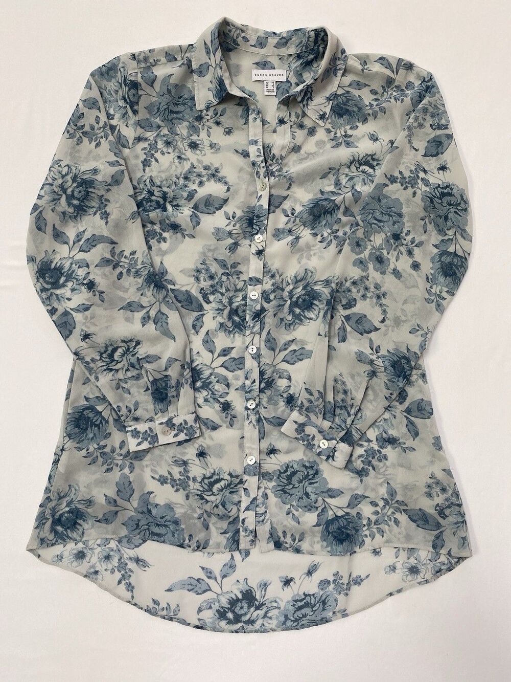 Susan Graver XS Blue Floral Sheer Button Up Blouse Coastal Cottagecore Top